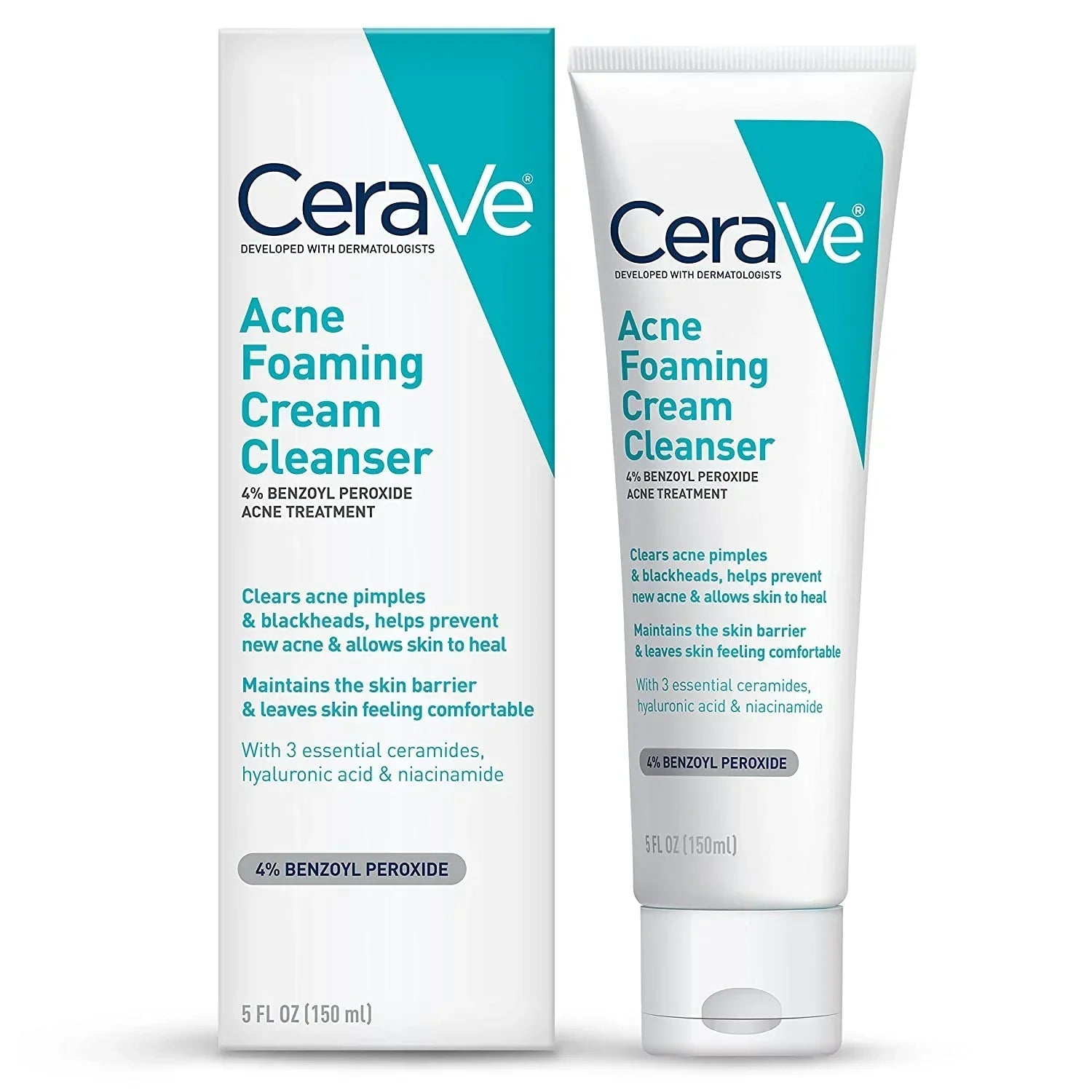 CeraVe Acne Foaming Cream Cleanser – 4% Benzoyl Peroxide | Acne Face Wash