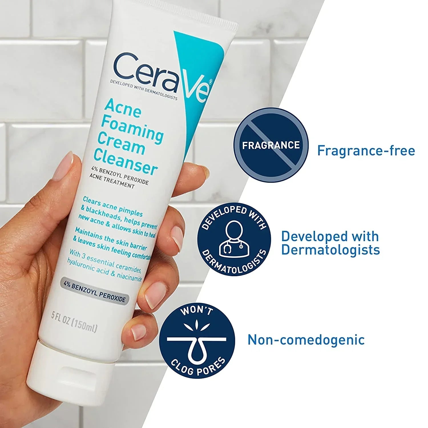 CeraVe Acne Foaming Cream Cleanser – 4% Benzoyl Peroxide | Acne Face Wash